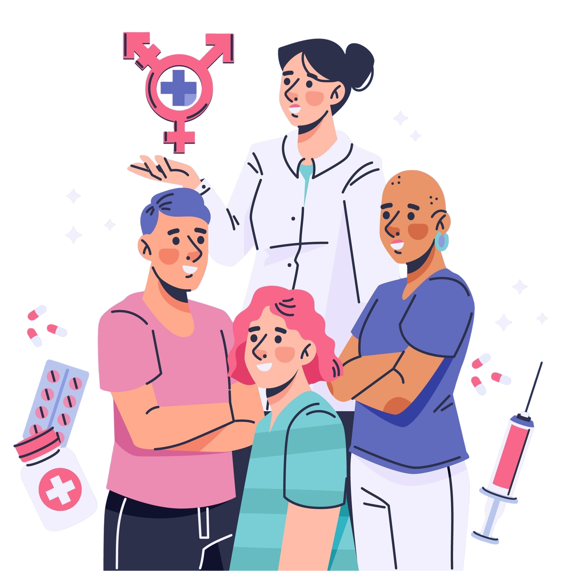 Three people and a doctor with transgender and medication symbols